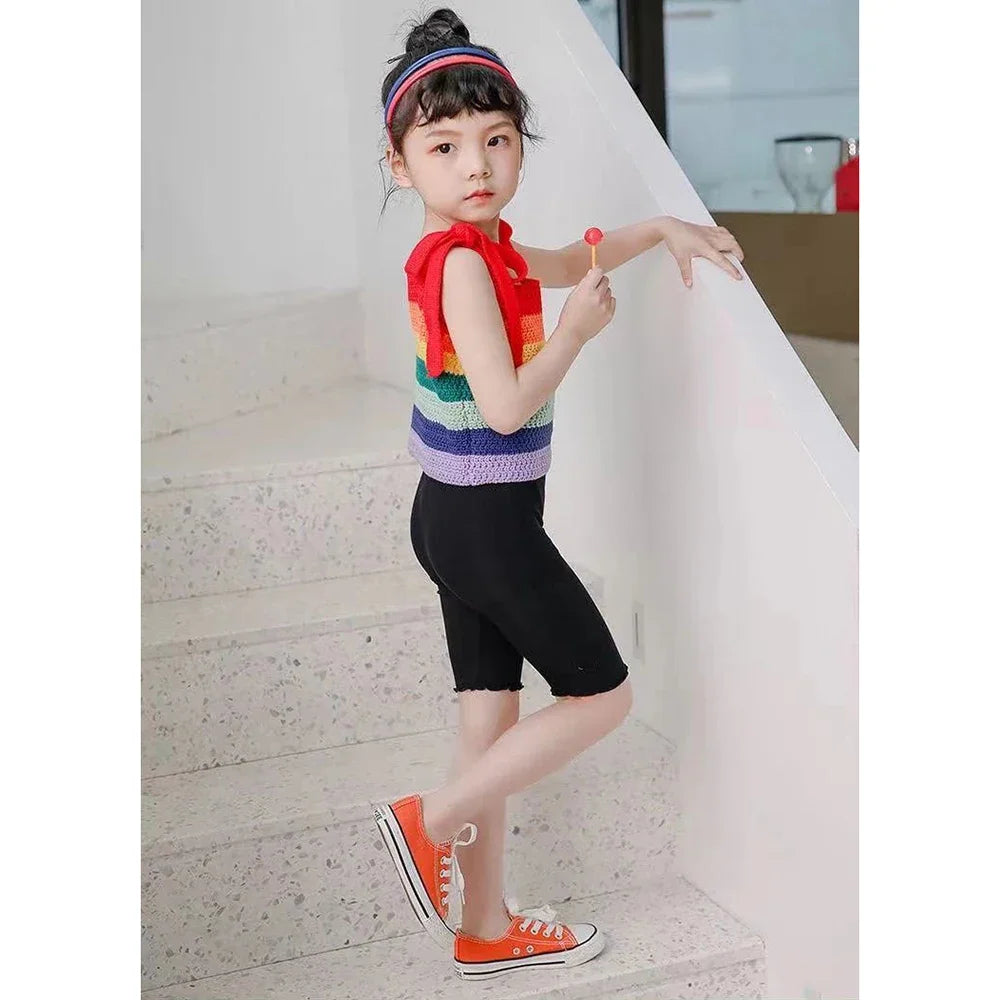 Pantalones de verano para niñas, mallas de algodón Modal hasta la rodilla, pantalones de longitud media, Legging con volantes de Color sólido, ropa para niños de 3 a 10 años