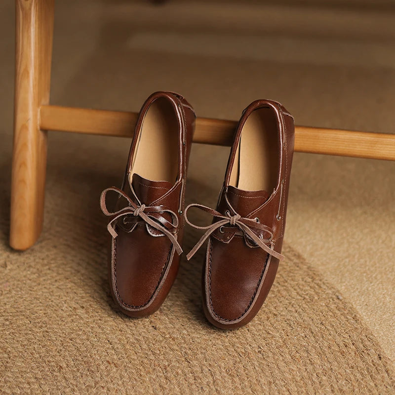 2026 New Spring Genuine Leather Women Shoes Round Toe Women Flats Shoes for Women Retro Lace Up Loafers Fashion Ladies Shoes