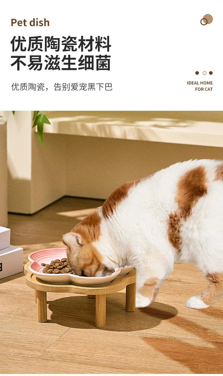 High Aesthetic Ceramic Pet Bowl with Wood Stand, Shallow Dish for Cat Snacks, Cute Bow Knot Pattern, Cat Food Dish,Home Kitchen