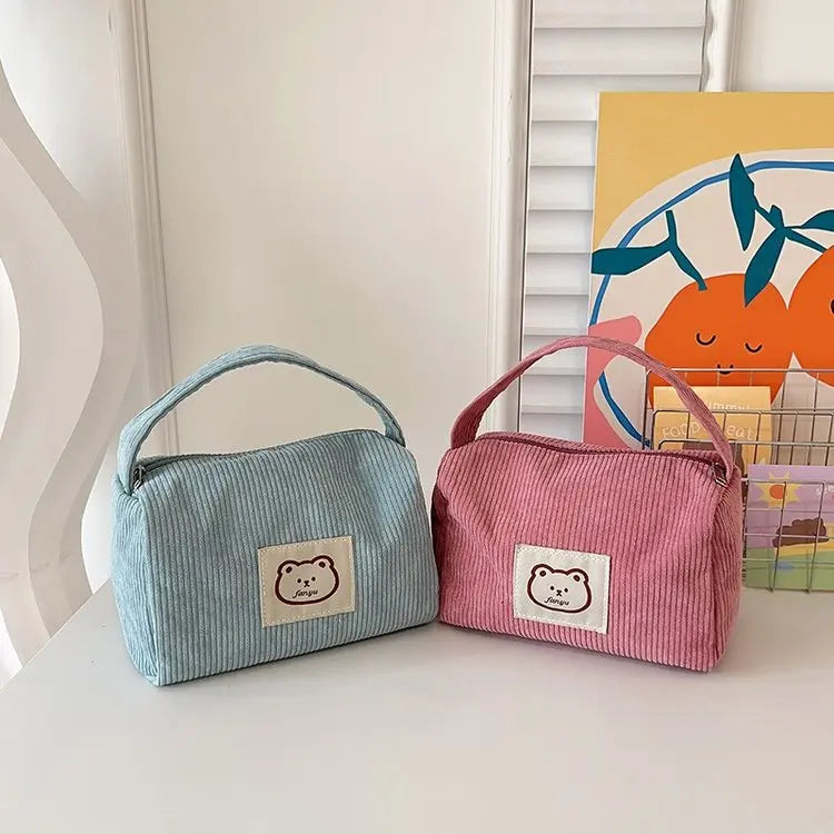 Bear Large Makeup Bag for Women Corduroy Cosmetic bag Make up Bags Zipper Pouch with handle Cosmetic Organizer Toiletry Bag
