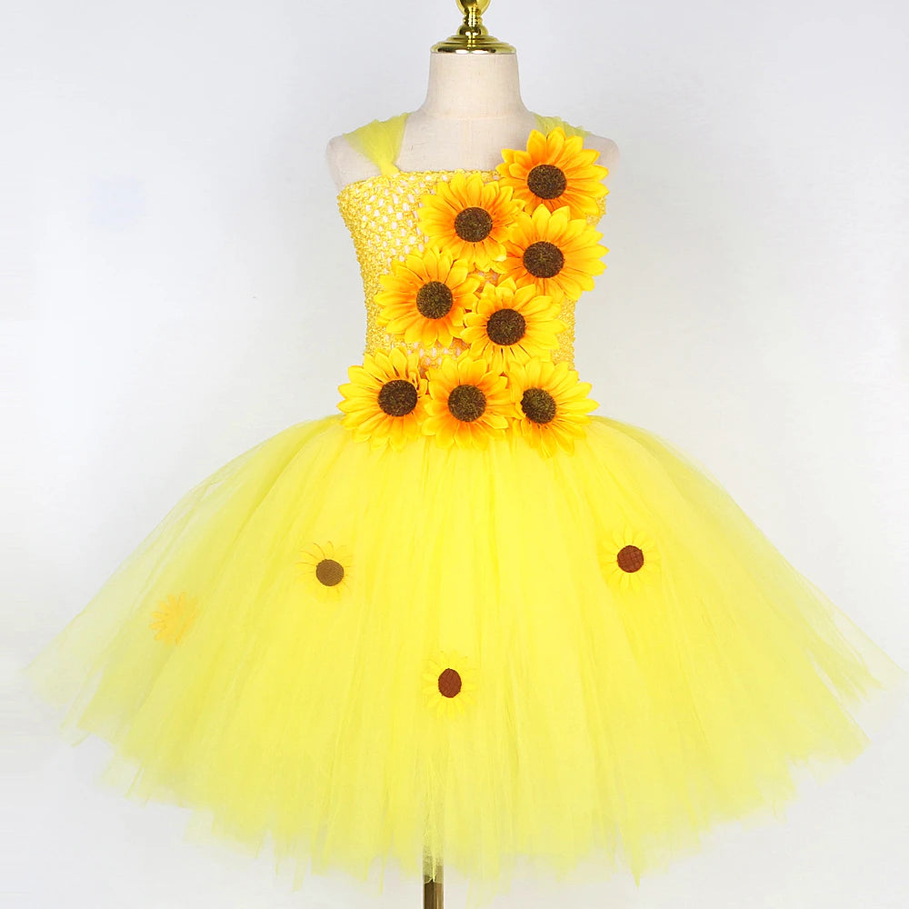 Yellow Sunflowers Costumes for Girls Fall Auturmn Fairy Outfit Flower Girl Dresses Kids Christmas Halloween Tutus Party Clothes