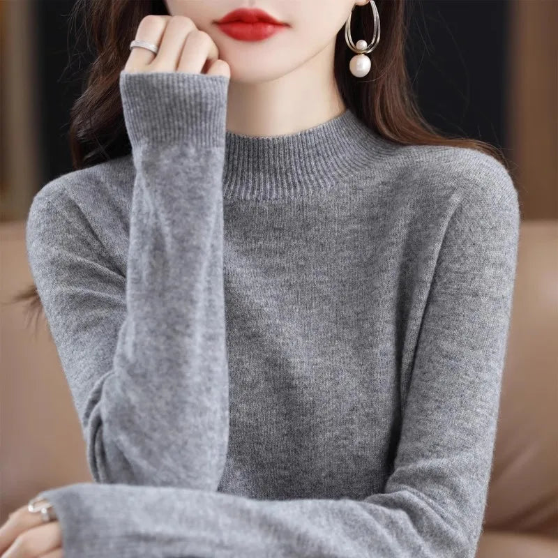 Autumn Winter Women Sweater Korean Fashion Warm Bottoming Shirts Half High Collar Basic Knitwear Solid Long Sleeve Pullovers