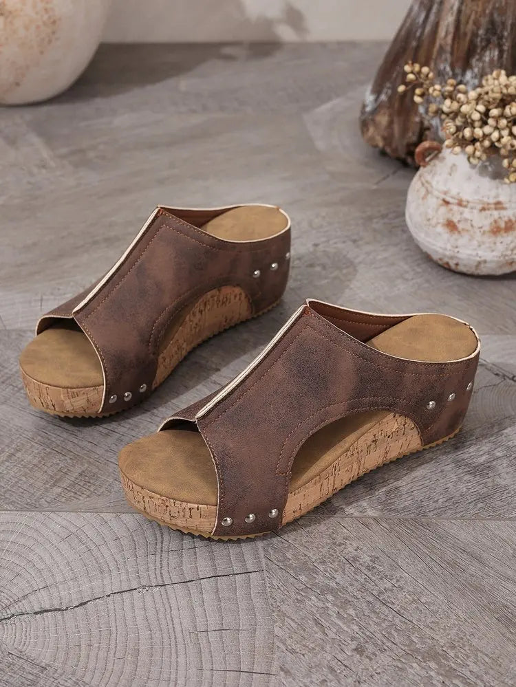 Women's Fashion Wedge Sandals Cork Platform Mules Open Toe Studded Slide Sandals Casual Summer High Heel Slides for Women Ladies