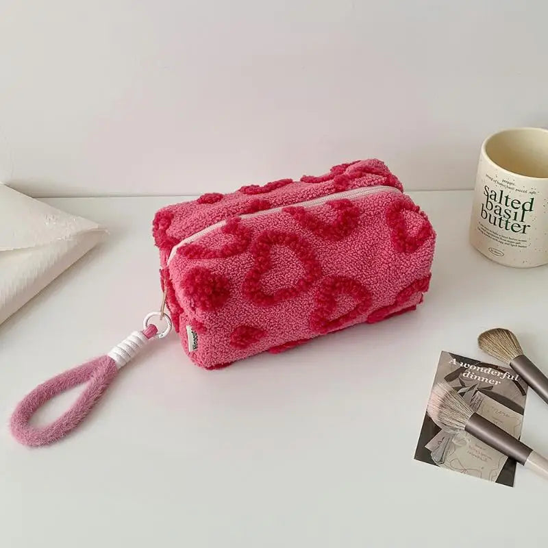 Cute Plush Makeup Bag For Women Portable Travel Small Cosmetic Bags Solid Color Zipper Toiletry Bag Washing Pouch Storage Bags