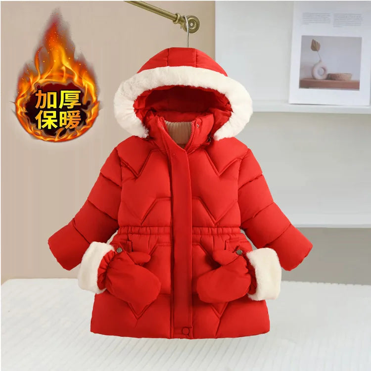 2025 Winter New Girls Jacket Long Solid Color Lining Berber Fleece Thick Warm Hooded Parka For 4-10Y Girls Bow Fashion Snowsuit