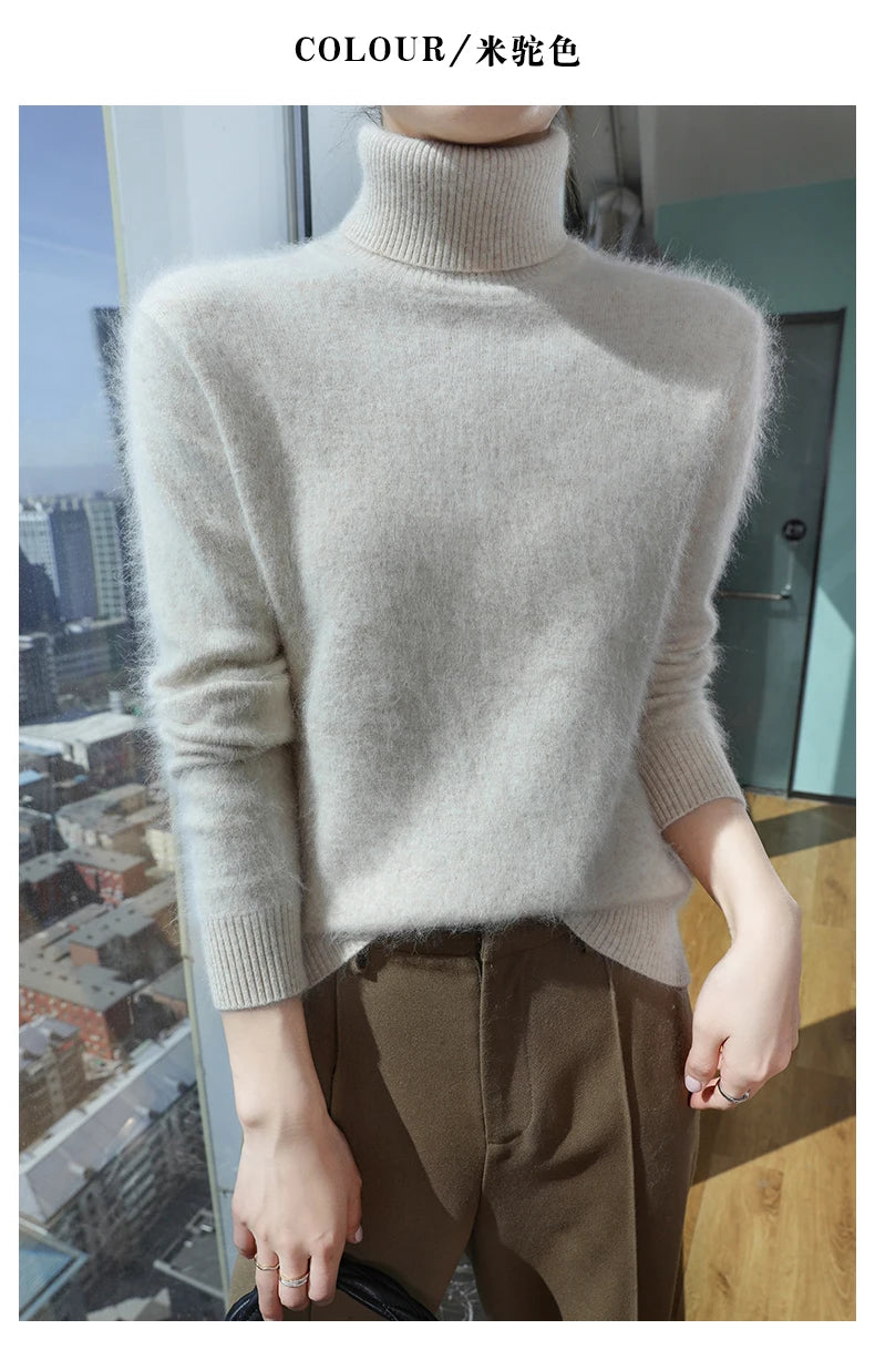 100% Mink Cashmere Top-Lapel Women Sweater Long-sleeves Fashion High-elasticity Sexy Winter Knitted Pullover Girl Tops 2024