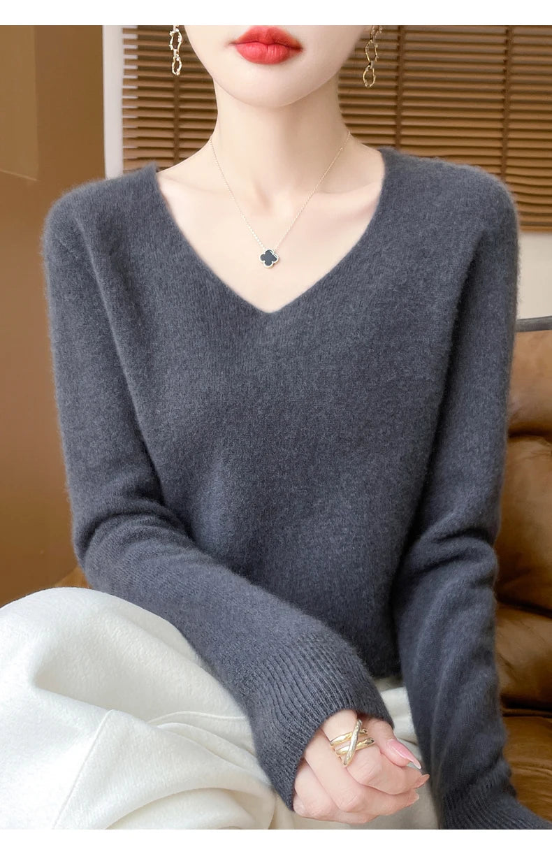 Fashion Pullover 100% Merino Wool Women Sweater V-Neck Long Sleeve Basic Jumper Spring Autumn Winter Clothing Knitwear Tops