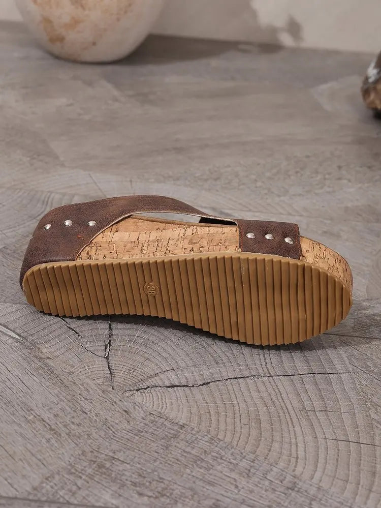 Women's Fashion Wedge Sandals Cork Platform Mules Open Toe Studded Slide Sandals Casual Summer High Heel Slides for Women Ladies