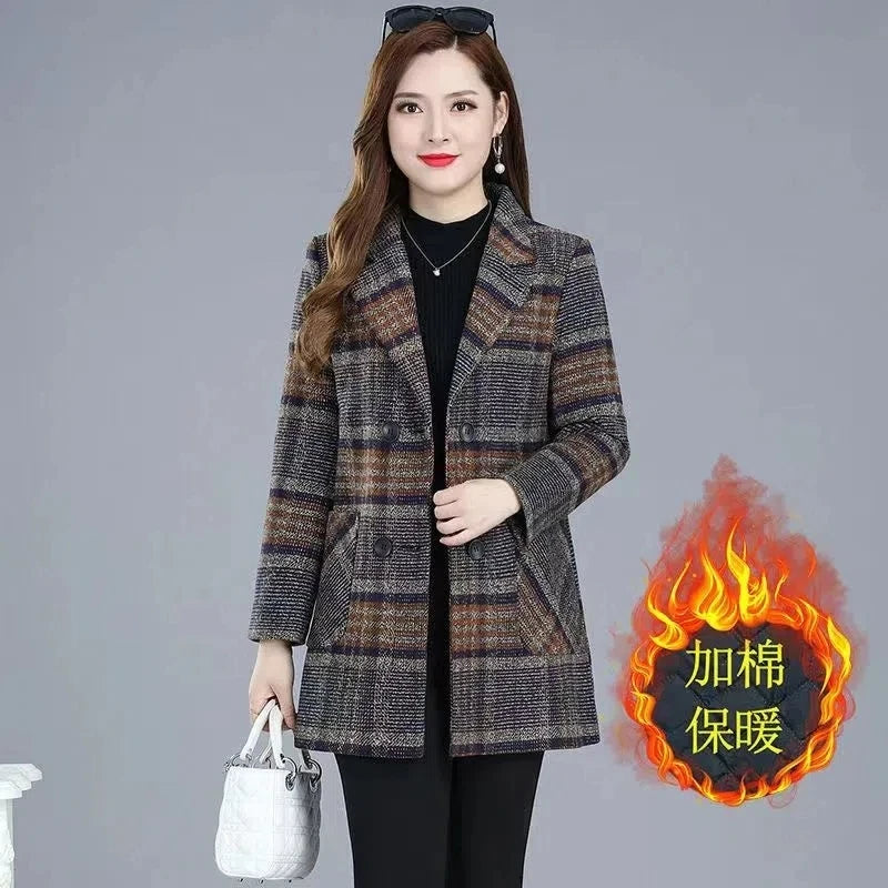 Mother's clothing Plaid Woolen Jacket 5xl Autumn Winter Female Thicken Slim Middle length Outwear Korea Women's Casual Wool Coat