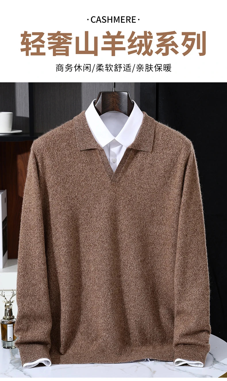 Autumn/Winter Men's 100% Pure Cashmere Pullover Business Casual Solid Knitted Sweater Loose Collar Tops Thick Warm Base Jumper