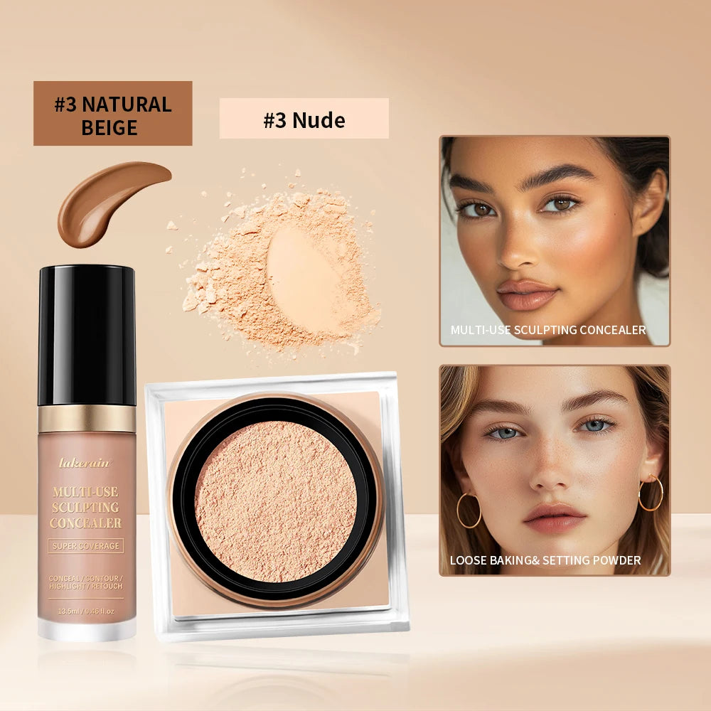 2pcs Face Makeup Set With Concealer And Loose Setting Powder Natural Face Smooth Matte Finish Women Cosmetics Korean Makeup