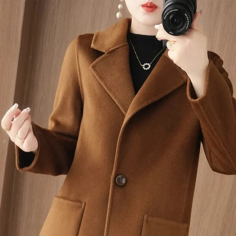 100% Pure Wool Double-Sided Cashmere Jacket Women Overcoat  Autumn Winter New Mid-Length One-Button Slim Wool Windbreakers coat