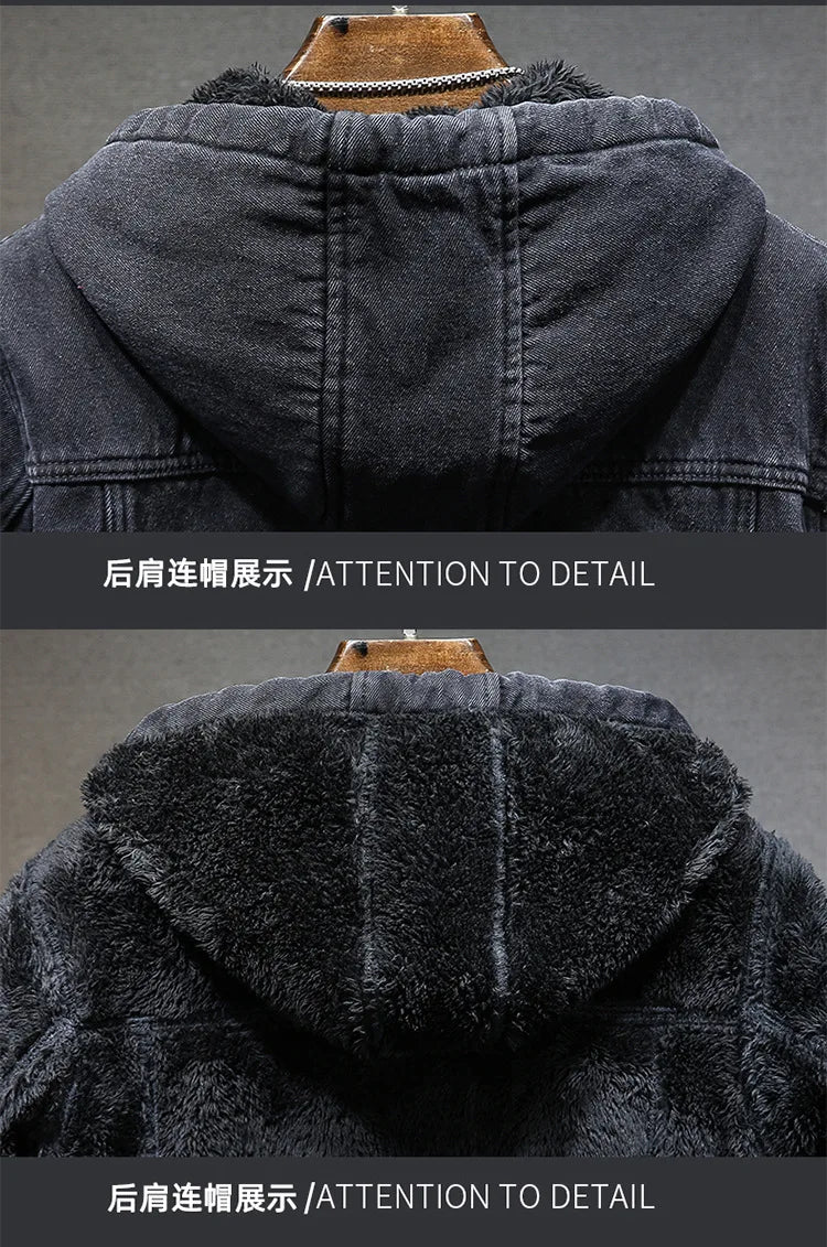 Thicker Winter Jacket Men Warmer Hooded Denim Lambswool Hooded and Padded Denim Jacket Imitation Lamb Wool Fleece Mens Clothes