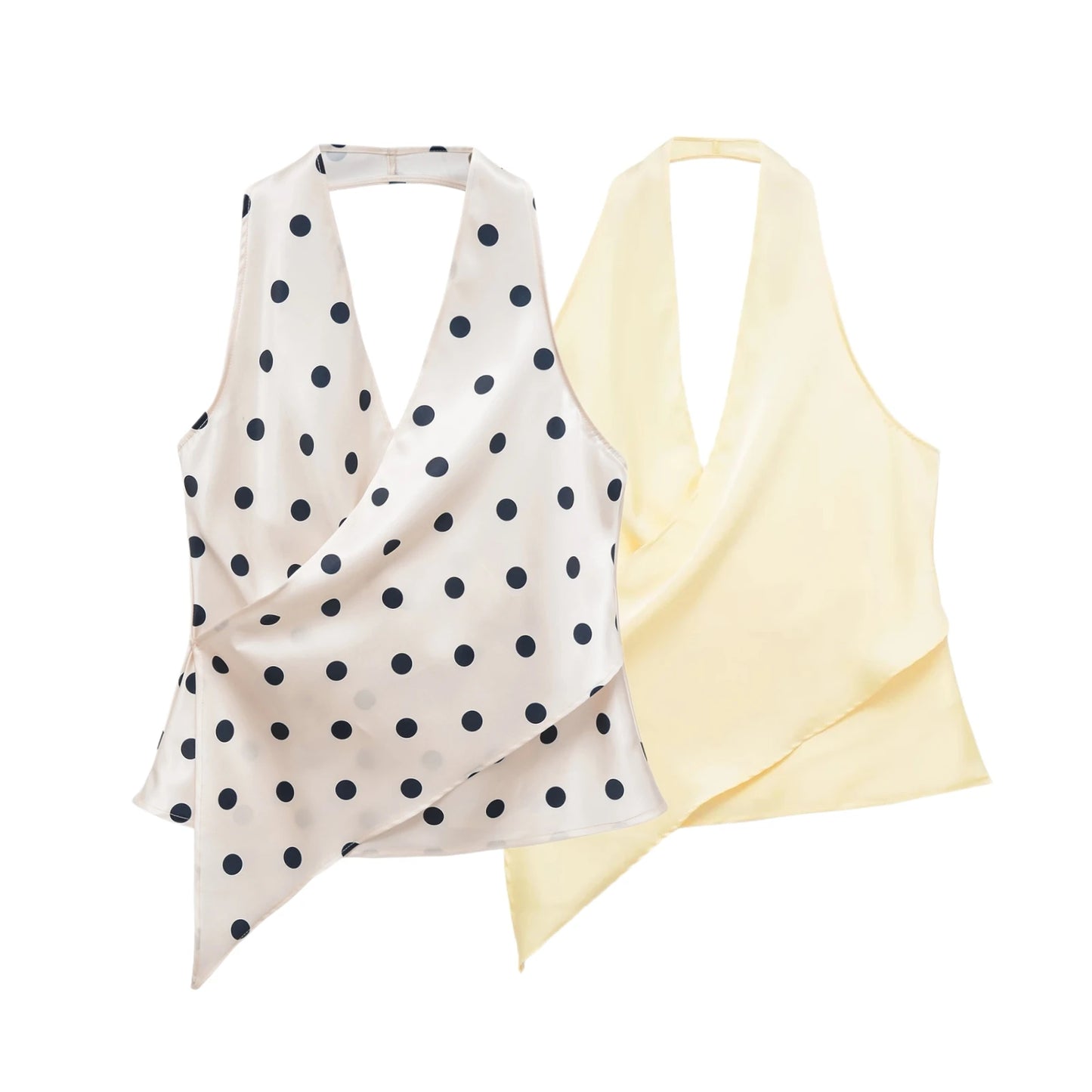 HH Women Fashion Halter Tops Draped Asymmetrical Hem Elegant Satin Sleeveless Summer Vest Female Casual Party Polka Dot Tops