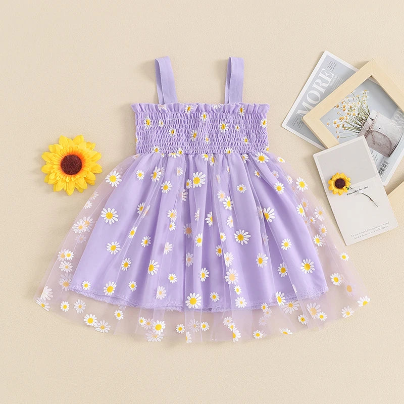 Vestido de tul para niñas, vestido Floral de margaritas para fiesta de cumpleaños, sin mangas, con tirantes, ropa informal para niño niña, vestido de princesa