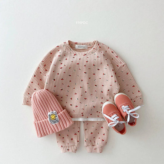 Conjunto de ropa de algodón con gofres para niños pequeños, sudadera con estampado de frutas y pantalones informales, traje de 2 uds., trajes para niñas pequeñas, novedad de 2024