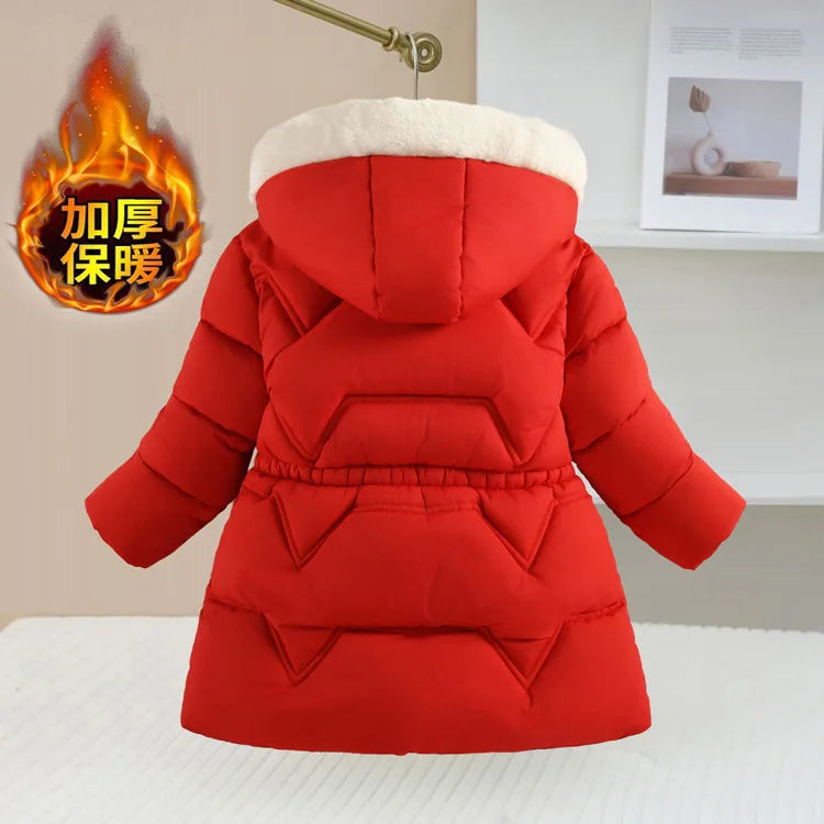 2025 Winter New Girls Jacket Long Solid Color Lining Berber Fleece Thick Warm Hooded Parka For 4-10Y Girls Bow Fashion Snowsuit