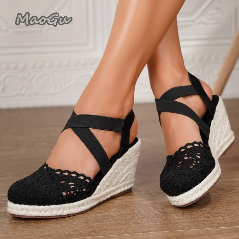 Women's Espadrilles Summer Lace Wedge Sandals Cover Toe Elastic Ankle Strap Shoes Ladies Platform Espadrille Comfortable Shoes