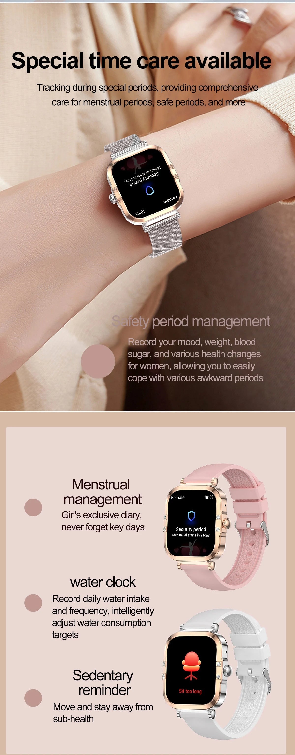 2026 best-selling women's smart watch, 1.75in, AMOLED HD screen, voice control, NFC, breathing exercises, women's health, SOS