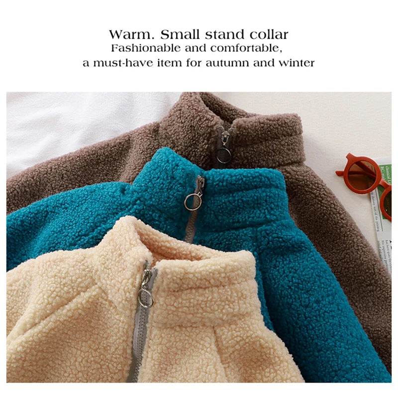 Children Plush Jacket Winter Baby Clothes Windproof Warm Thicken Velvet Kids Coat Boy Girl Toddler Lamb Fleece Turtleneck Tops