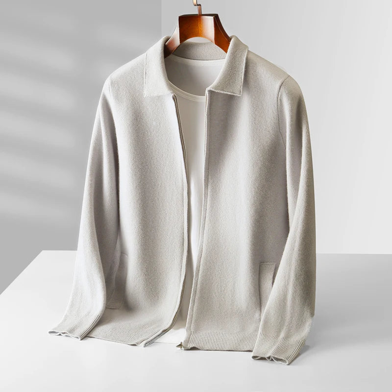 Men's Cardigan 100% Pure Cashmere Jacket Zippered Lapel Knit Sweater, Loose Thickened Long Sleeved Business Casual Autumn Winter