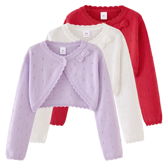 Girls Knitted Cardigan Jacket 2026 Spring And Summer New Bow Pink Children's Sweater Cotton Cute Sun Shawl Children's Clothing