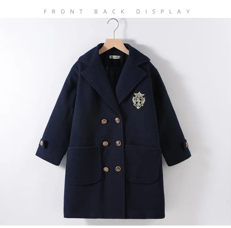 Teens Girls Winter Jacket Preppy Style Navy Mid-length Wool Coat for Kids Thick Warm Casual All-match School Children Outerwear