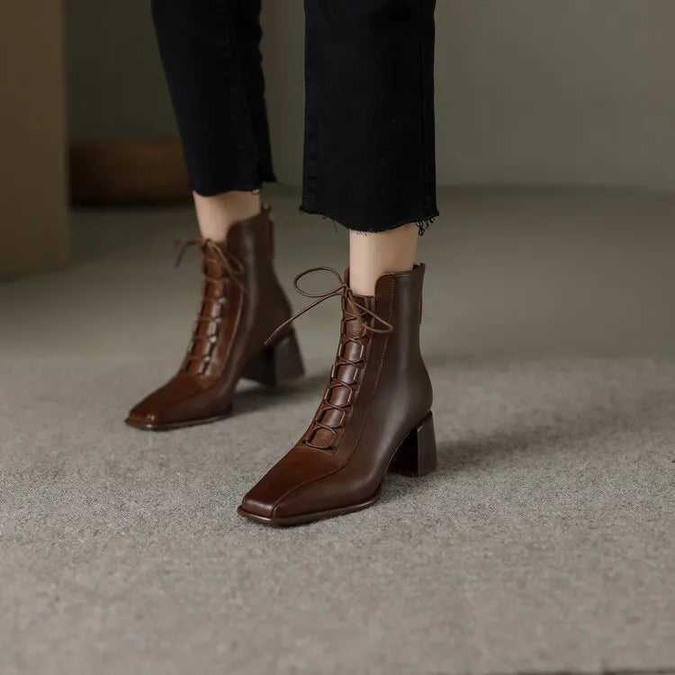 2022 Autumn Women Boots Square Toe Back Zipper Women Shoes Chunky Heels Shoes for Women High Heel Boots Vintage Leather Shoes