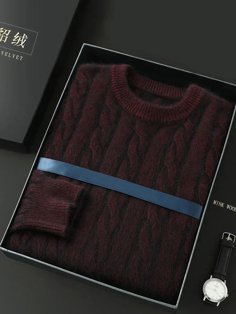 Mink Cashmere Cable Knit Pullover for Men O Neck Casual Autumn Winter Sweater Top