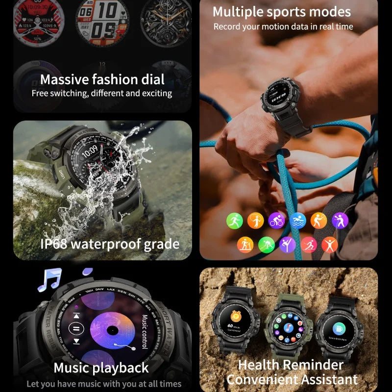 New Military Outdoor Sports Fitness Smart Watch For Men Bluetooth Call Fitness Tracker Health Monitoring Blood Oxygen Waterproof