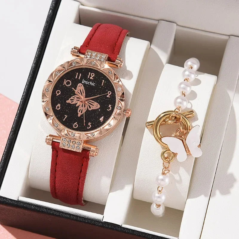 2PCS Set Creative Women Watch Quartz Butterfly Starry Wristwatches Luxury Rhinestone Watches for Ladies Relogios Feminino No Box