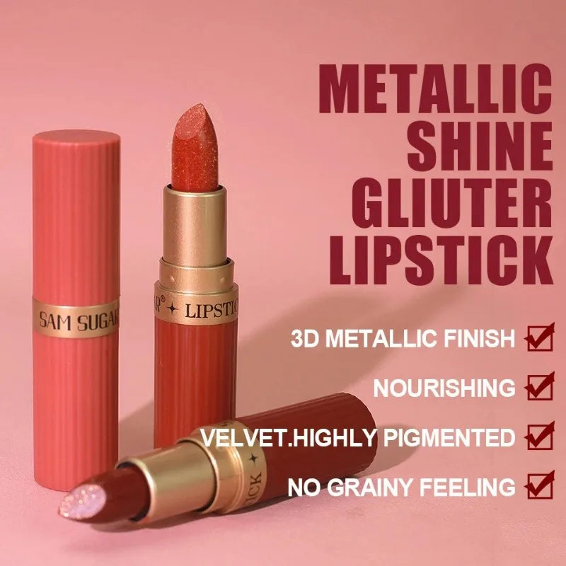 Pearlescent Pink Glitter Lipstick Metallic Waterproof Long Lasting Nude Matte Velvet Lip Stick Shimmer Diamond Women Sexy Makeup