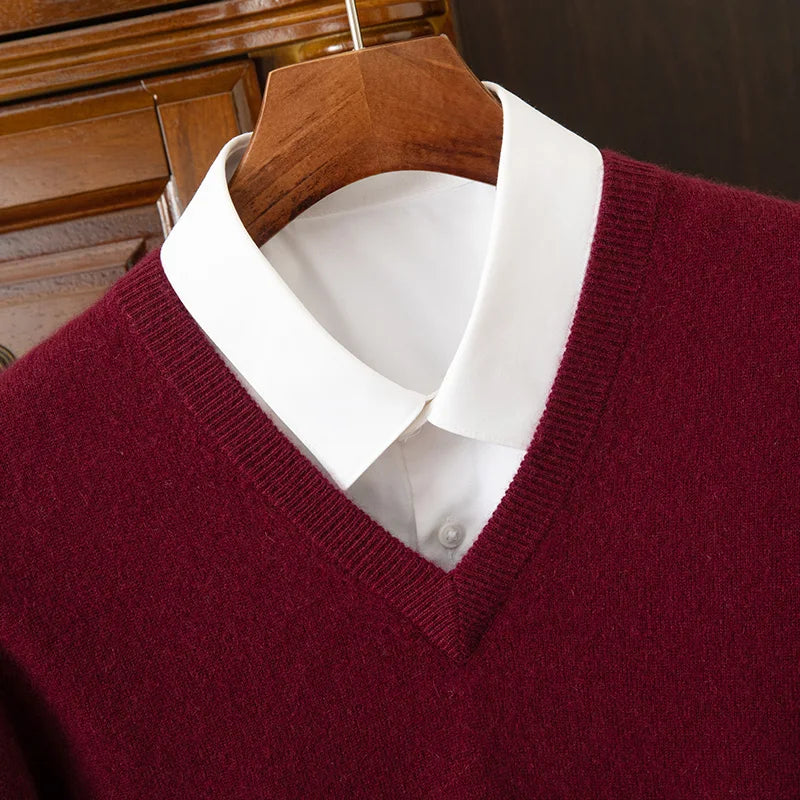 100% Cashmere Men's Pullover Casual Solid Color Knitted Sweater Loose Pull V-Neck Tops Basic Versatile Jumper