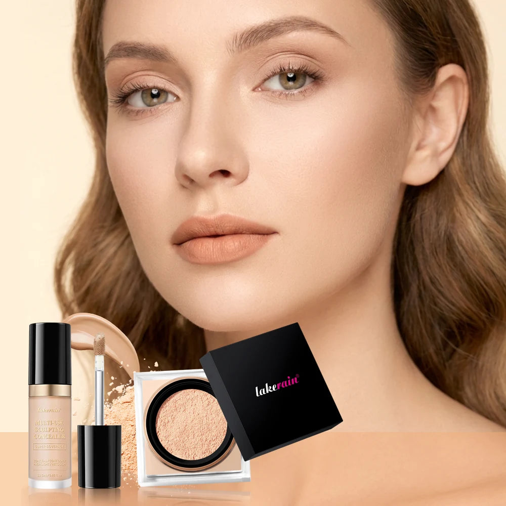 2pcs Face Makeup Set With Concealer And Loose Setting Powder Natural Face Smooth Matte Finish Women Cosmetics Korean Makeup