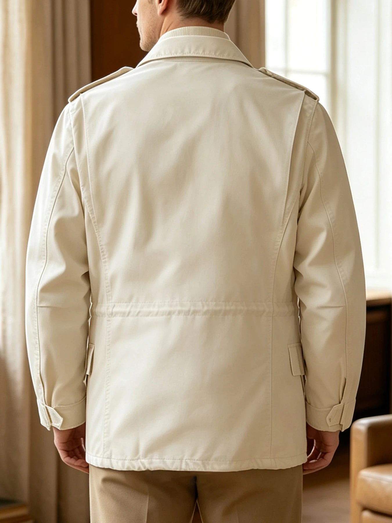 Men Old Money Style M65 Jacket Cream 100% Cotton Multi Pocket Lapel Collar Drawstring Business Casual Spring Autumn Outerwear