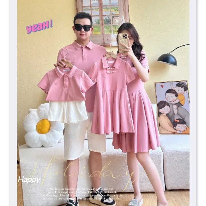 Family Set Clothes Chinese Mother and Daughter Matching Pink Dress Parent-child Outfit for Father and Son Clothes Women Dresses