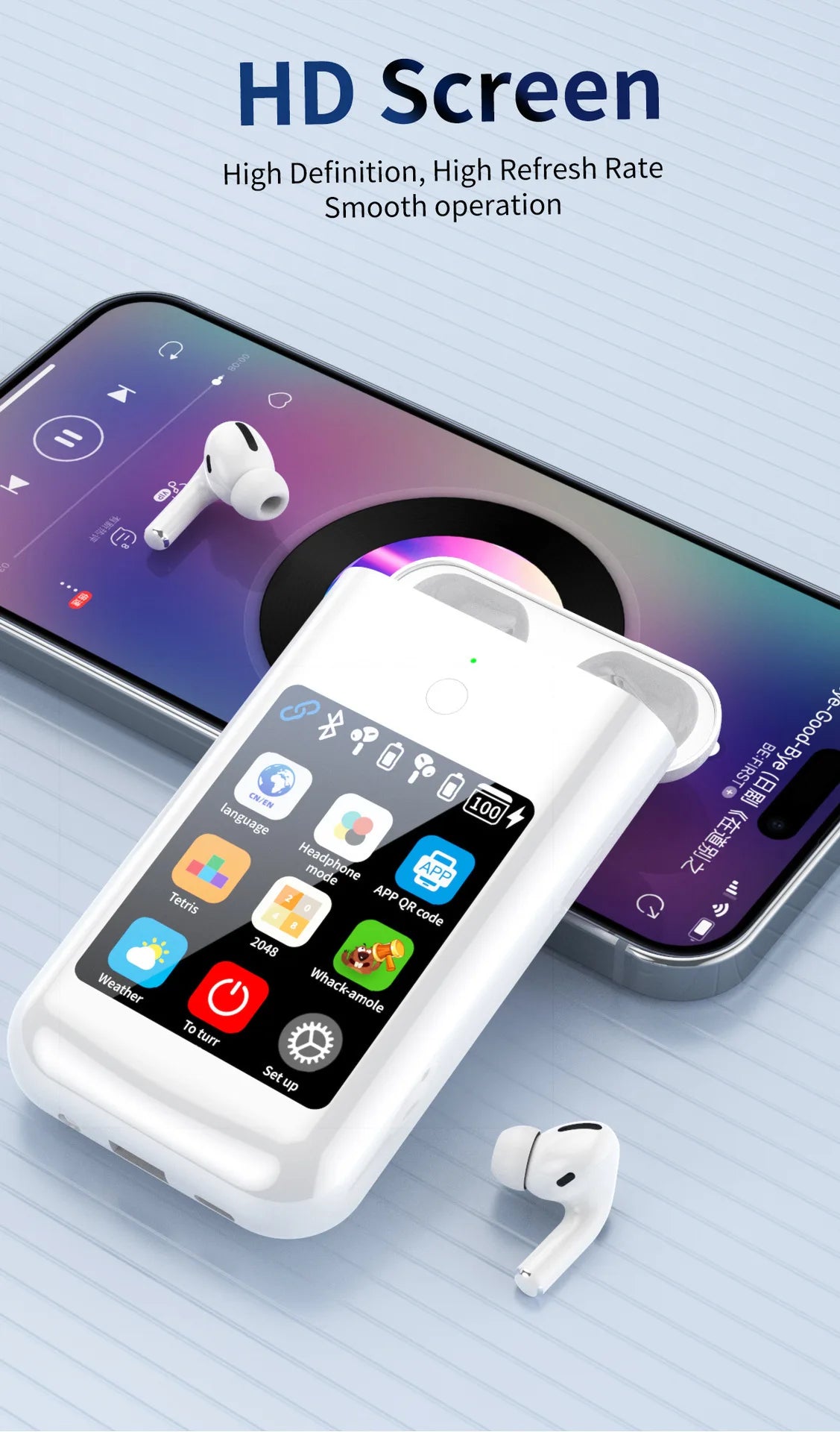 Wireless Bluetooth 5.2 Earphones 2.8-inch Multimedia Smart Touch Screen ANC Earbuds Flashlight 5000mah Power Bank Hiking Headset