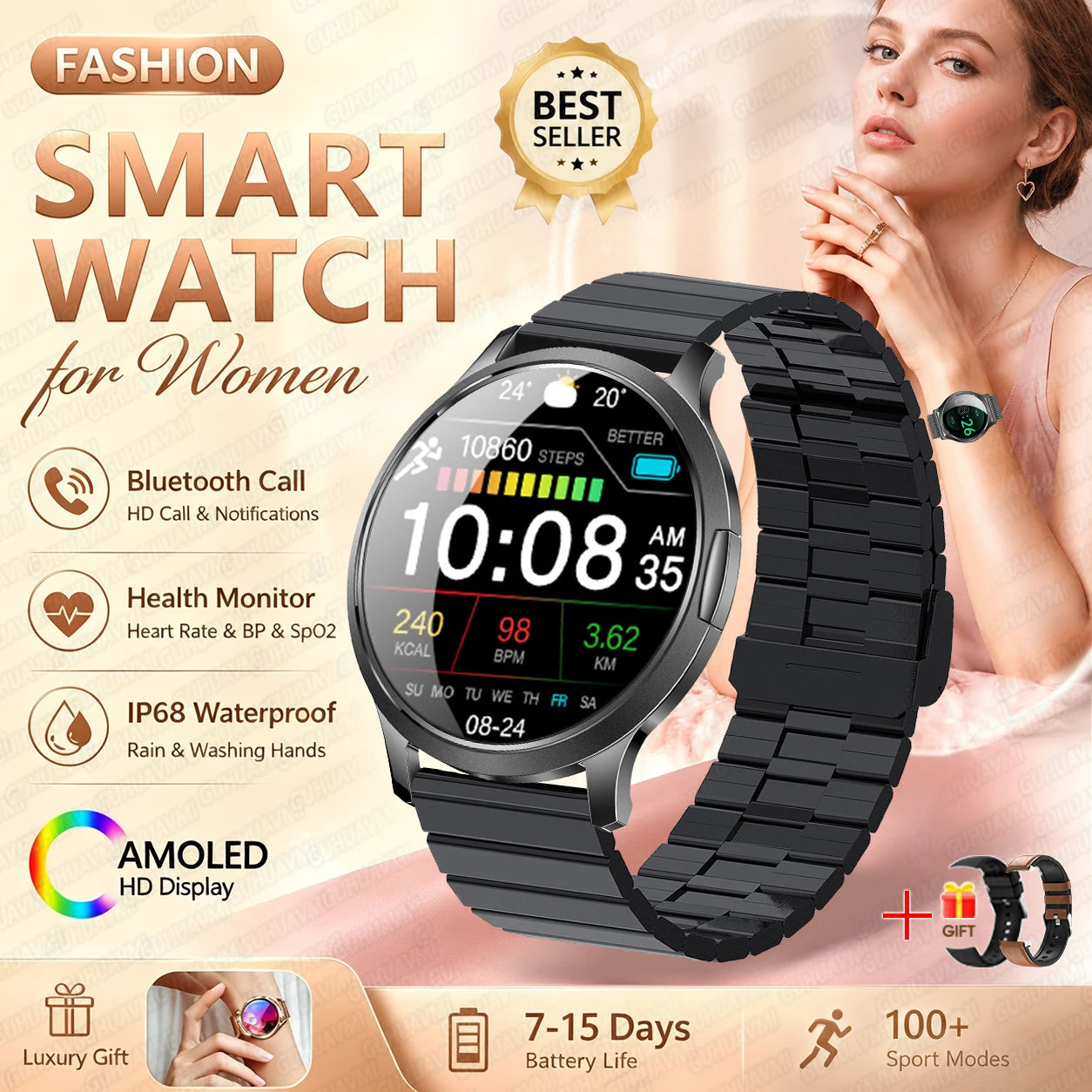 2026New Smart Watch 1.32”AMOLED Ultra-thin Display 100+Sports modes Blood Pressure Waterproof Bluetooth call Bracelet Women Gift