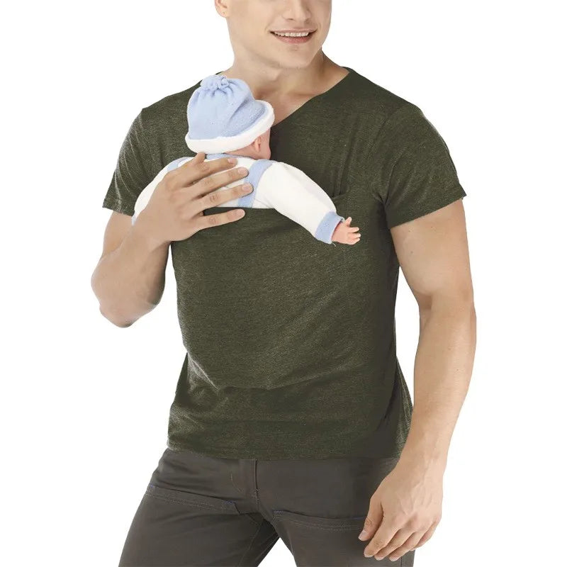 Men's V Neck Short Sleeve Kangaroo T Shirt Baby Carrier Shirt for Dad Skin to Skin Newborn Carry Pocket Parenting Casual Tee New
