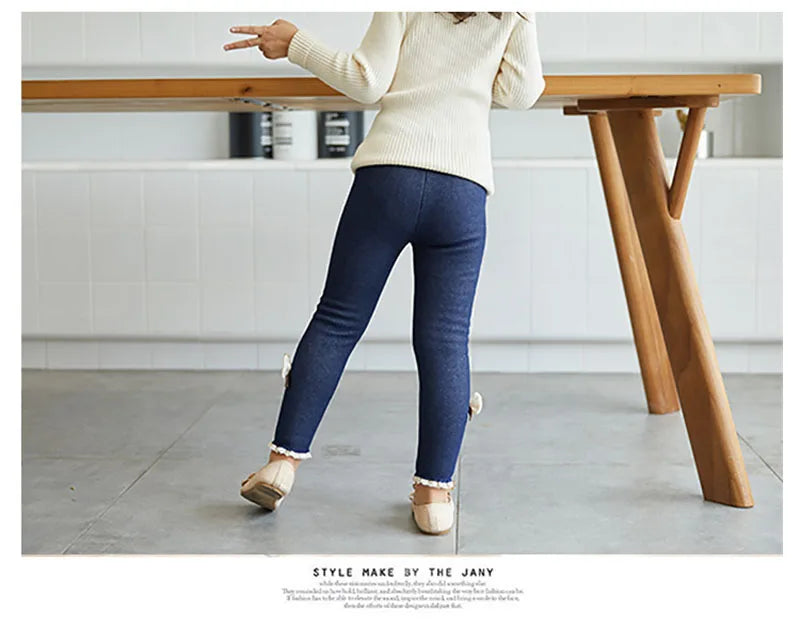 Girls Jean Pants Autumn Winter Warm Children Leggings Thicken Velvet Bowknot Kids Trousers Baby Girl Pants Icing Leggings