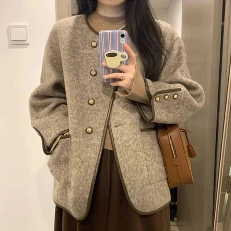 Wool Blend Coat for Women Short Plain Half Long Sleeve Elegant Mixtures Jacket Woman Fashion 2025 Winter Clothes Single Cheap
