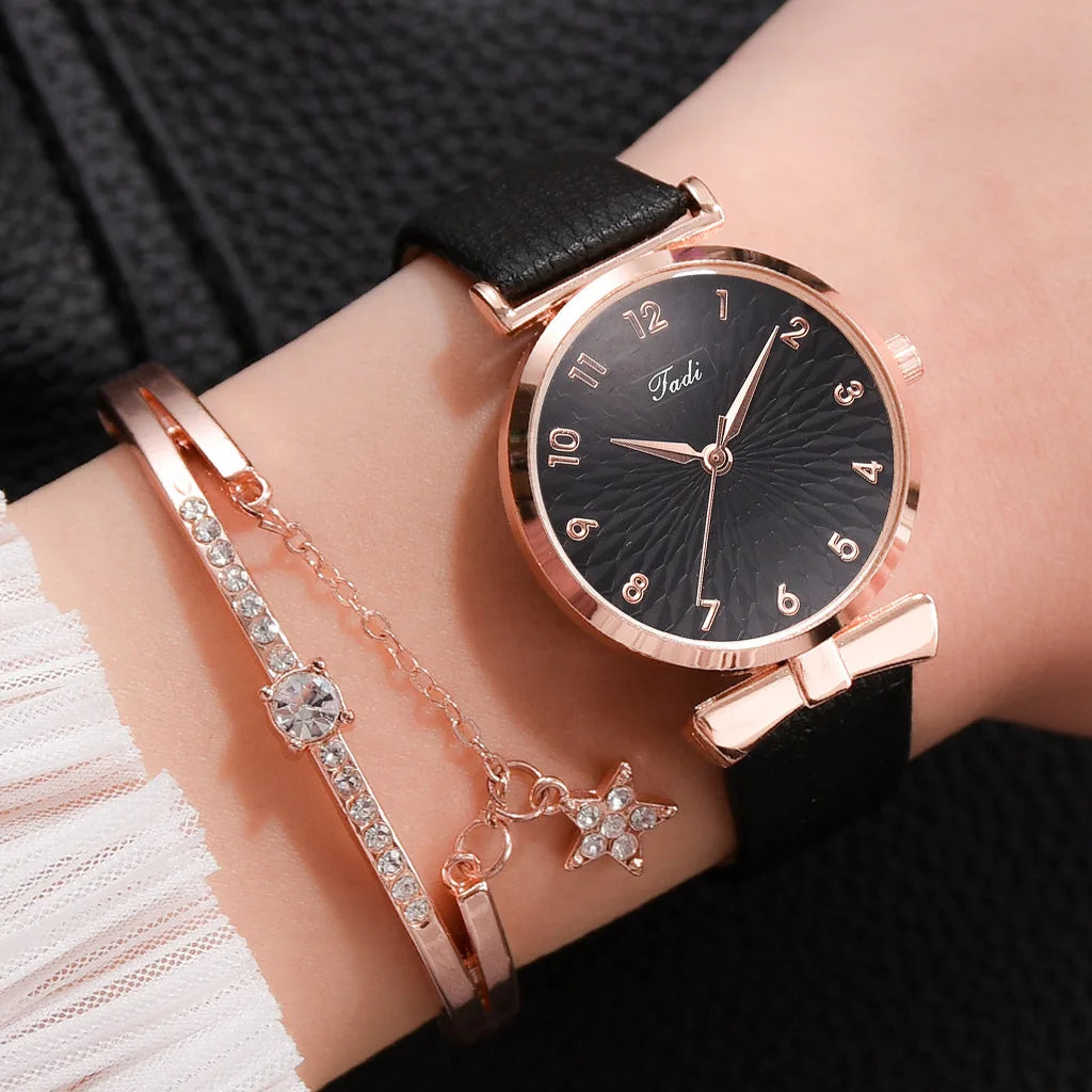 Fashion Women Watches Luxury Leather Buckle Flower Rhinestone Watch Ladies Quartz Wrist Watch Bracelet Set Reloj Mujer