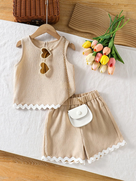 Girls' Summer Casual Outfit: Two-Piece Set with Textured Fabric, Color-Blocked Hem, Sleeveless Top and Casual Shorts, Suitable for 4-12 Year Old Girls, Versatile for Home and Outdoor Wear
