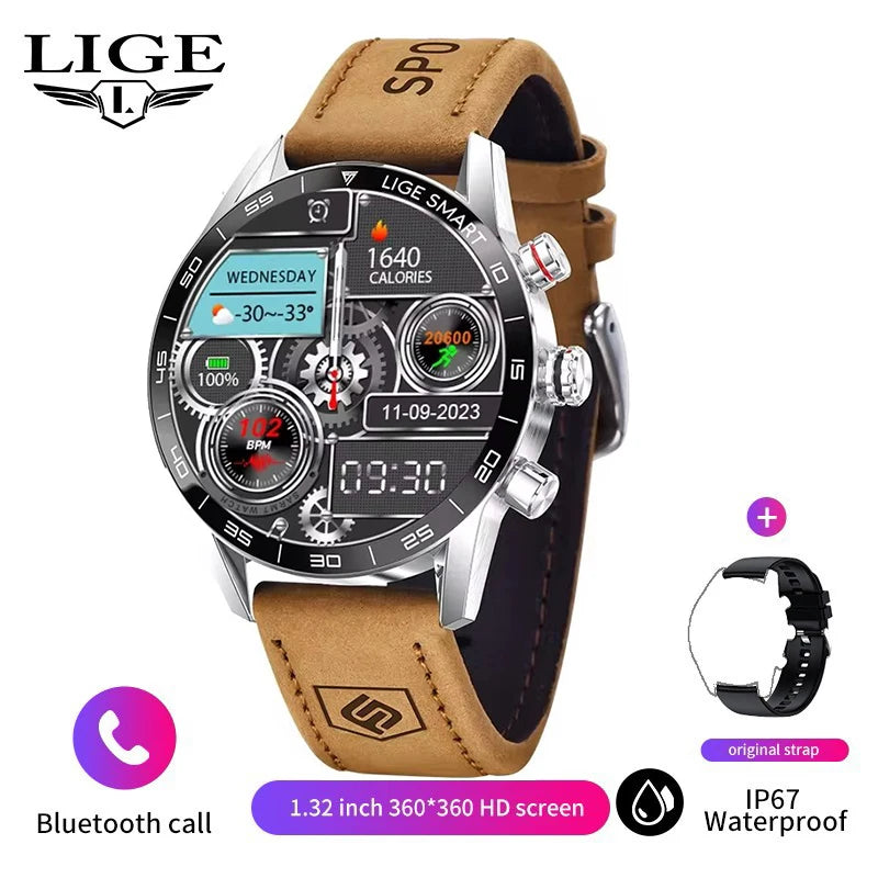 LIGE Men's Smart Watch Bluetooth Connection AMOLED Screen Smartwatch Men IP68 Waterproof Voice Call Samrtwatches for Android iOS