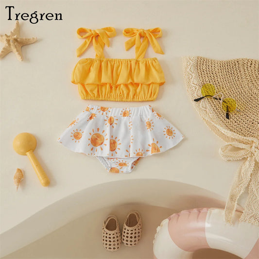 Tregren Infant Baby Girl Swimsuits Cute Summer Tie-up Strap Crop Tops+Ruffle Tutu Shorts Toddlers Swimwear Beachwear For 0-3Y