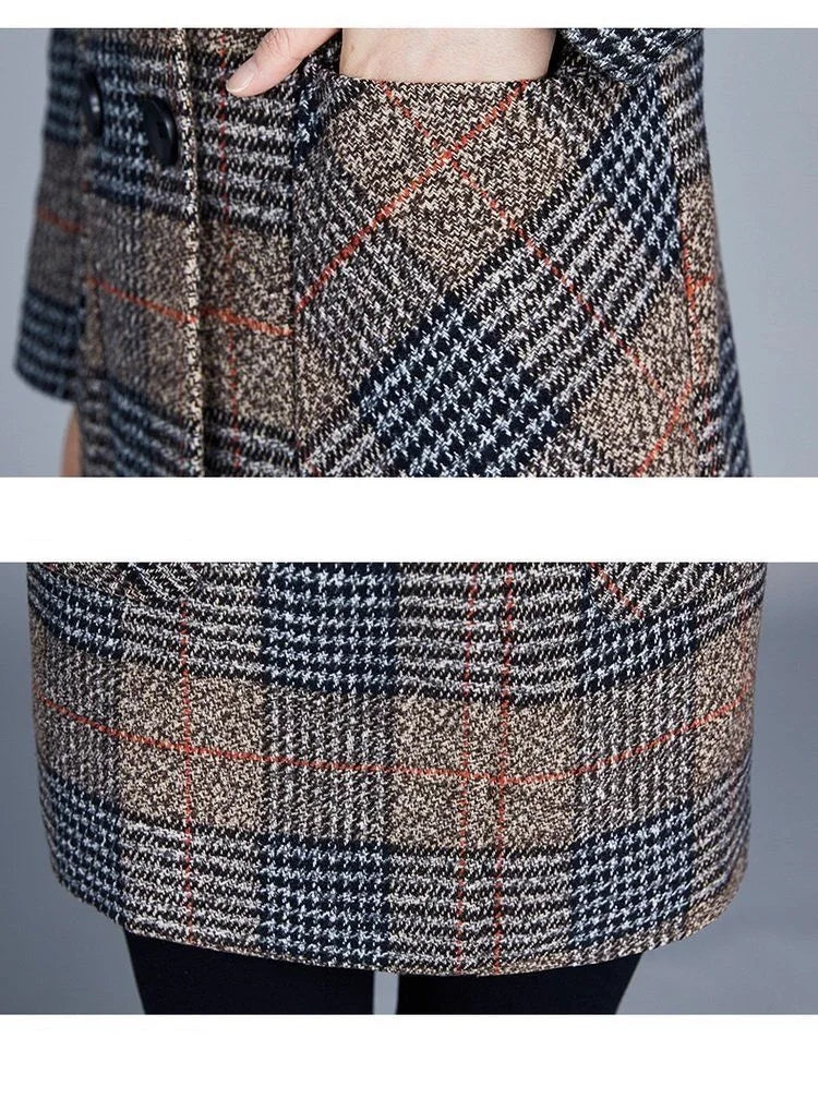 Mother's clothing Plaid Woolen Jacket 5xl Autumn Winter Female Thicken Slim Middle length Outwear Korea Women's Casual Wool Coat