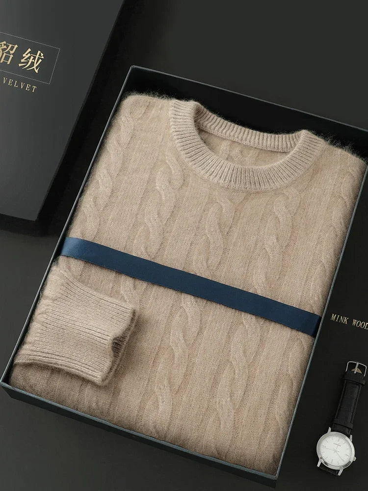Mink Cashmere Cable Knit Pullover for Men O Neck Casual Autumn Winter Sweater Top