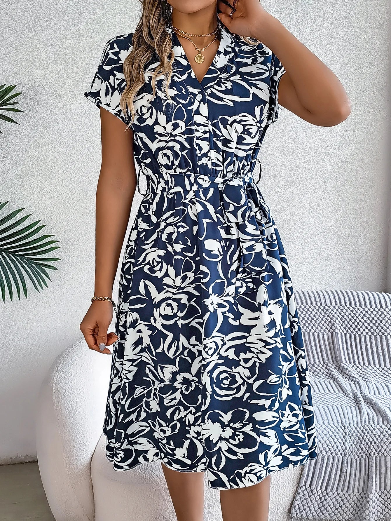 Spring Summer Casual Woman Dresses 2026 Fashion Buttons V Neck Flower Print Short Sleeve A Line Dress with Belt