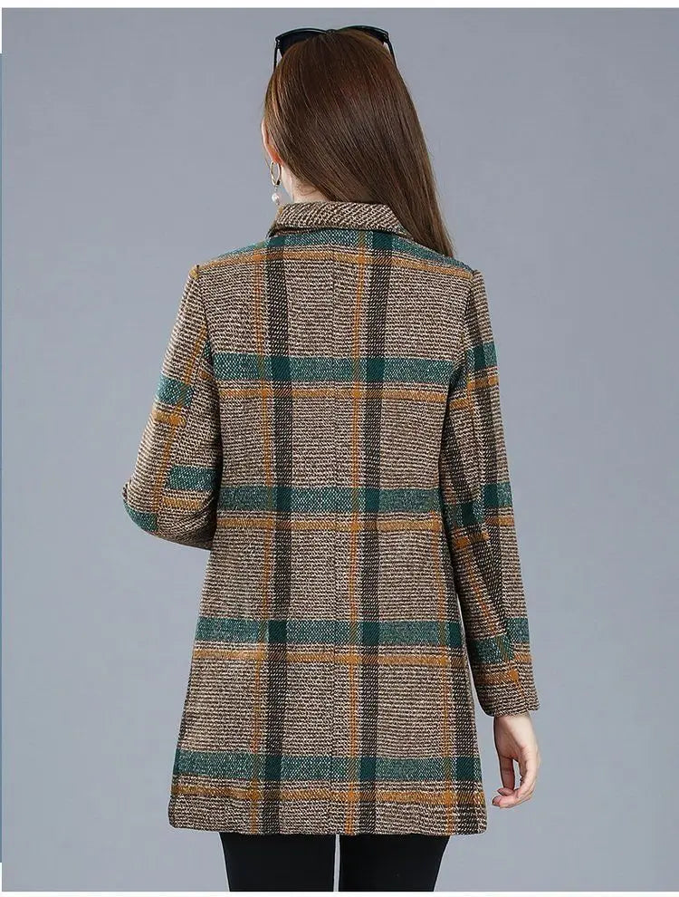 Mother's clothing Plaid Woolen Jacket 5xl Autumn Winter Female Thicken Slim Middle length Outwear Korea Women's Casual Wool Coat