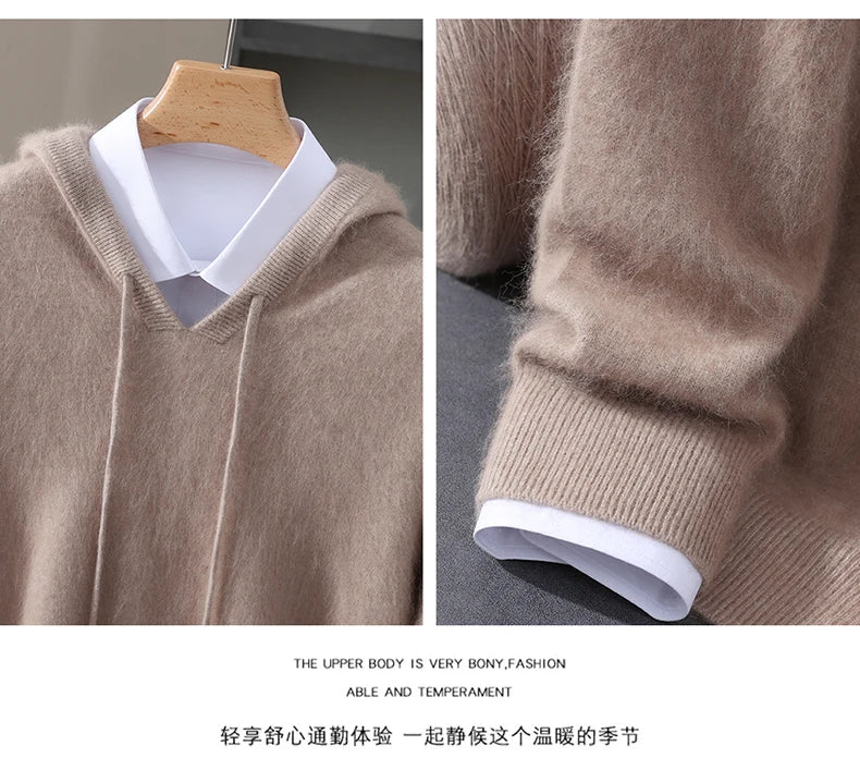 Men's Clothing: 100% Pure Mink Cashmere Knitted Sweater Casual And Loose Large-Sized Hooded Pullover Autumn Winter New Products